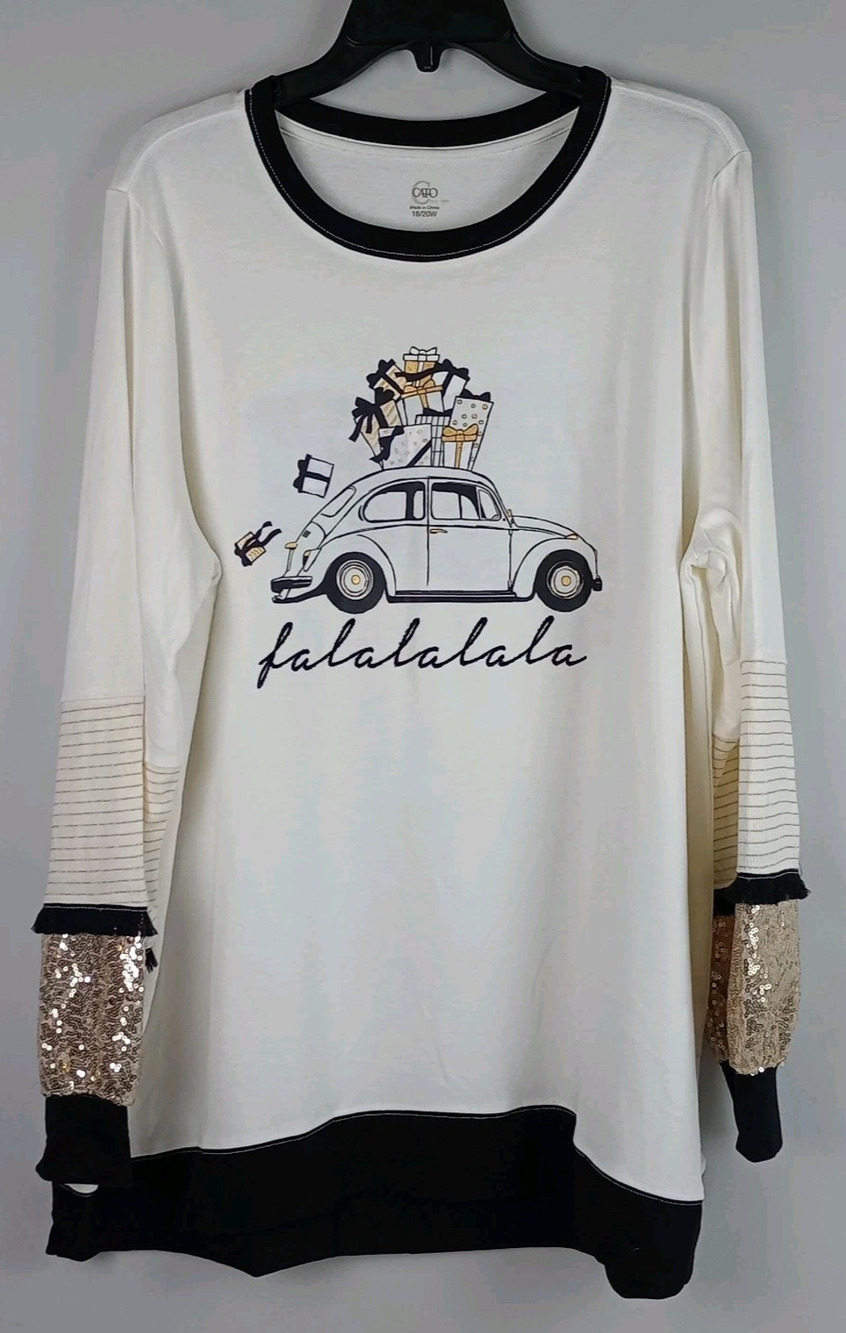 Cato Womens 18/20W White Black Gold Sequins Long Sleeve Car Christmas Sweatshirt